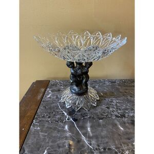 Deep Cut Glass Candy Serving Dish With Two Cherub Babies BEAUTIFUL‎ Vintage